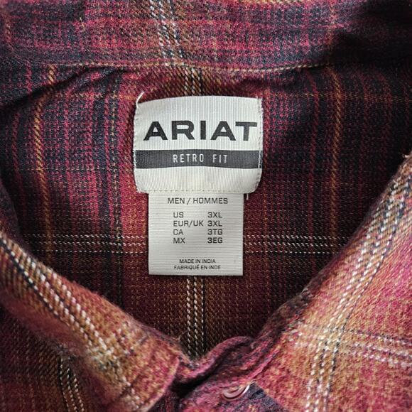 Ariat Shirt Mens 3XL Red Flannel Hiller Retro Fit Pearl Snap Plaid Western Work - Picture 3 of 13
